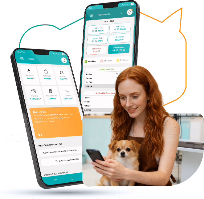 Groomer a sorrir com um cão ao colo, a usar a aplicação Appet.tosa no telemóvel